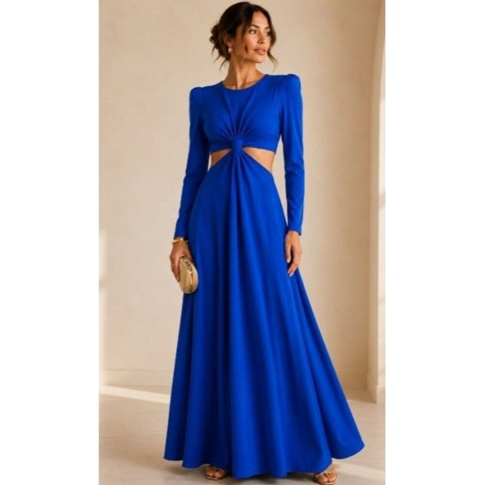 Farm Rio Cobalt Blue Knotted Cut Out Maxi Dress Long Sleeve Shoulder Pad XS